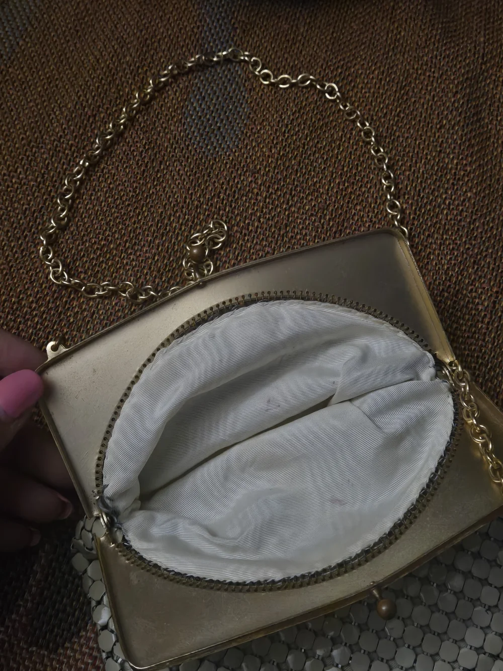 Vintage Whiting & Davis Cream Mesh Purse with Gold Frame and Chain